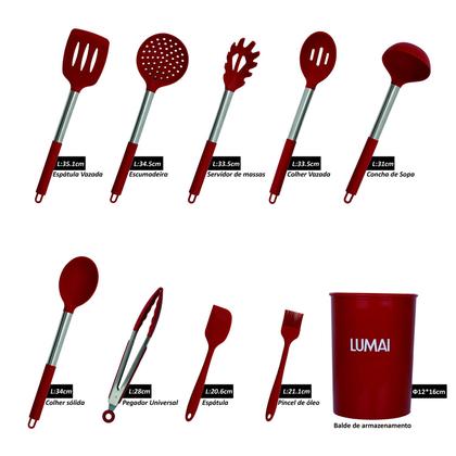 Imagem de Conjunto 10 Utensilios De Cozinha Silicone C/ Cabo Aço Inox LUMAI