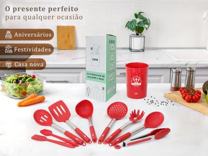 Imagem de Conjunto 10 Utensilios De Cozinha Silicone C/ Cabo Aço Inox LUMAI