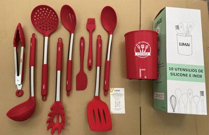 Imagem de Conjunto 10 Utensilios De Cozinha Silicone C/ Cabo Aço Inox LUMAI
