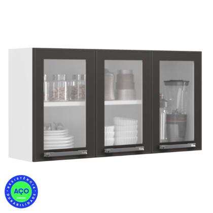 Imagem de Conjunto 2 Armários de Cozinha Aéreos Itatiaia Aço 3 Portas Com Vidro Florença Grafite Branco