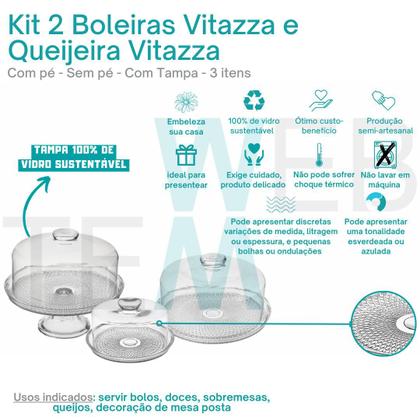 Imagem de Conjunto 2 Boleiras com e sem Pé e Queijeira Porta Queijos de Vidro Vitazza Bolos, Doces, Mesa Posta, Praticidade Sustentável, Organização, Decoração