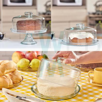 Imagem de Conjunto 2 Boleiras com e sem Pé e Queijeira Porta Queijos de Vidro Vitazza Bolos, Doces, Mesa Posta, Praticidade Sustentável, Organização, Decoração