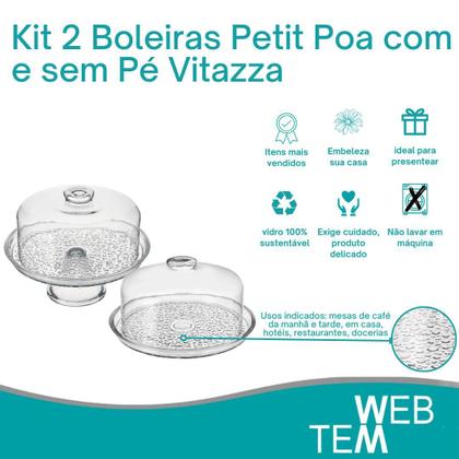 Imagem de Conjunto 2 Boleiras de Vidro com e sem Pé Tampa Petit Poa Vitazza Prato 28cm para Bolo, Festa, Decoração, Organização, Mesa Posta Elegante Sustentável