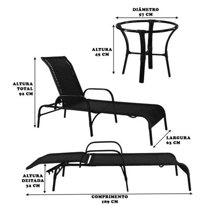 Imagem de Conjunto 2 Espreguiçadeiras Alumínio Pintado e Mesa de Centro Havaí Área de Piscina - Preto