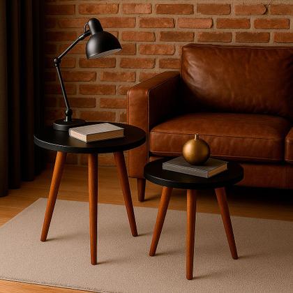 Imagem de Conjunto 2 Mesas Cora de Centro Canto Redondas Pé Palito MDF Preta Mesa Lateral para Sala Quarto Escritório