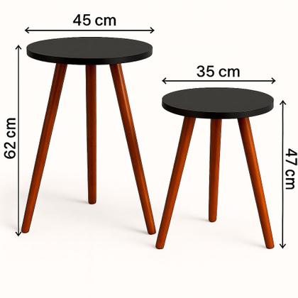 Imagem de Conjunto 2 Mesas Cora de Centro Canto Redondas Pé Palito MDF Preta Mesa Lateral para Sala Quarto Escritório