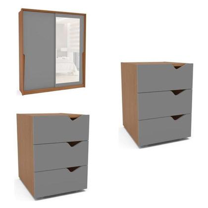 Imagem de Conjunto 2 Mesas de Cabeceira e 1 Guarda Roupa 2 Portas de Correr com Espelho Porto Politorno Móveis
