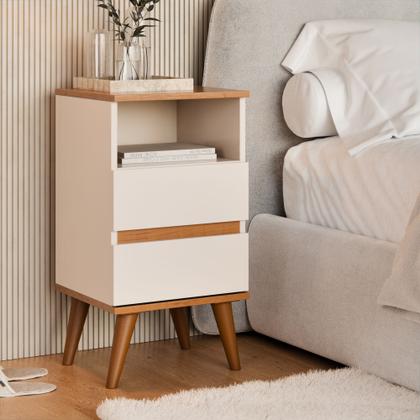 Imagem de Conjunto 2 Mesas de Cabeceira Pop com 2 gavetas e pés palito - Off White com Freijó