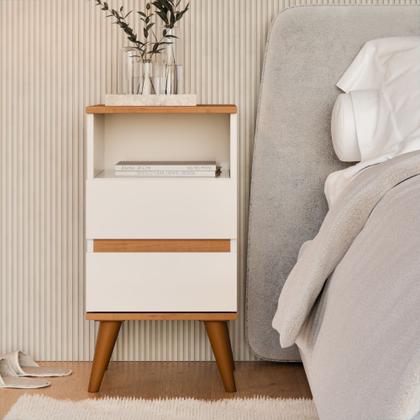 Imagem de Conjunto 2 Mesas de Cabeceira Pop com 2 gavetas e pés palito - Off White com Freijó