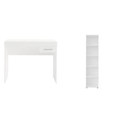 Imagem de Conjunto 2 Peças com Escrivaninha com Gaveta e Estante para Livros 5 Prateleiras Branco 100% MDF