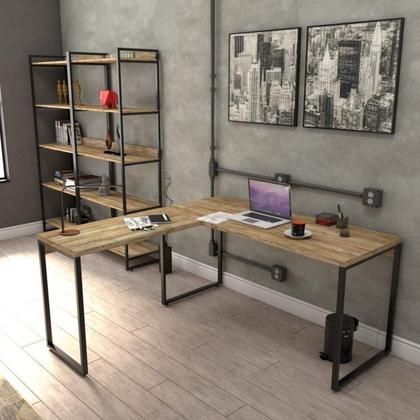 Imagem de Conjunto 2 Peças com Mesa para Escritorio em L Industrial 150cm Kuadra e Cadeira de Escritório Diretor Tok Carvalho Bege