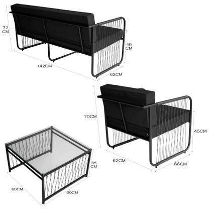 Imagem de Conjunto 2 Poltronas 1 Namoradeira e 1 Mesa de Centro Córdova em Aço Carbono e Fibra Sintética Acesse Móveis