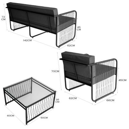 Imagem de Conjunto 2 Poltronas 1 Namoradeira e 1 Mesa de Centro Córdova em Aço Carbono e Fibra Sintética Acesse Móveis