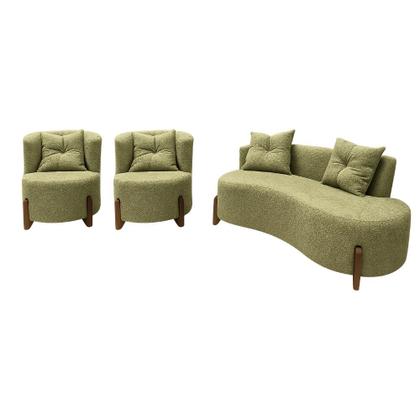 Imagem de Conjunto 2 Poltronas + Sofá Curvo Orgânico Luna Boucle Pés de Madeira - Montanaris Decor