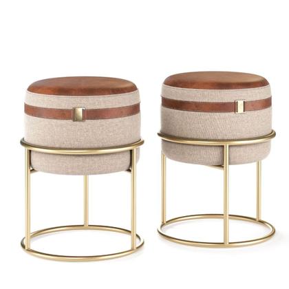 Imagem de Conjunto 2 Puff Dallas redondo com pés em metal para quarto ou sala - Creme com Marrom