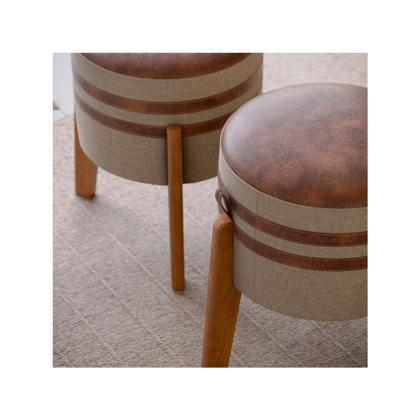 Imagem de Conjunto 2 Puff Pix redondo para sala ou quarto com detalhes em couro na lateral e no assento - Bege