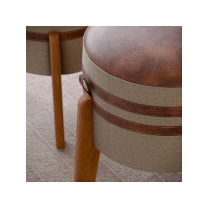 Imagem de Conjunto 2 Puff Pix redondo para sala ou quarto com detalhes em couro na lateral e no assento - Bege