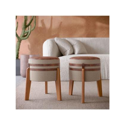 Imagem de Conjunto 2 Puff Pix redondo para sala ou quarto com detalhes em couro na lateral e no assento - Bege
