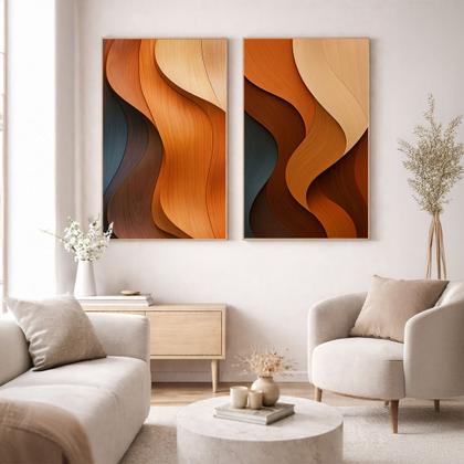 Imagem de Conjunto 2 Quadros Decorativos com Moldura Caixa Abstrato Curvas   Kit para Sala, Escritorio, Hall Cozinha