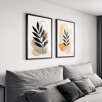 Imagem de Conjunto 2 Quadros Decorativos com Moldura Caixa Folhas Bege  Kit para Sala, Escritorio, Hall Cozinha