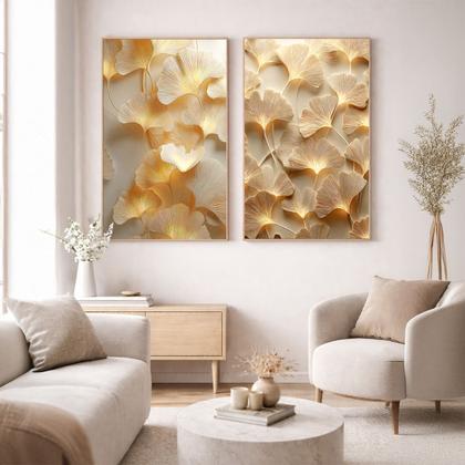 Imagem de Conjunto 2 Quadros Decorativos com Moldura Caixa Ginkgo Dourado Luxo  Kit para Sala, Escritorio, Hall Cozinha