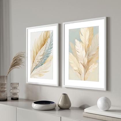 Imagem de Conjunto 2 Quadros Decorativos com Moldura Caixa Suave Elegante Folhas  Kit para Sala, Escritorio, Hall Cozinha