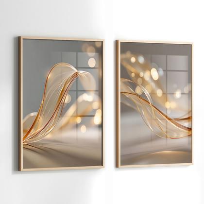 Imagem de Conjunto 2 Quadros Decorativos com Moldura e Acrilico Cristal Vidro Abstrato Dourado Luxo  Kit para Sala, Escritorio, Hall Cozinha