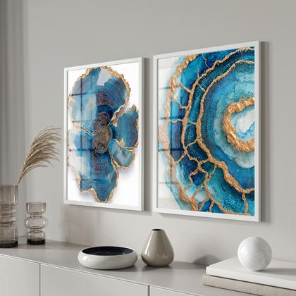 Imagem de Conjunto 2 Quadros Decorativos com Moldura e Acrilico Cristal Vidro Abstrato Dourado Preto  Kit para Sala, Escritorio, Hall Cozinha