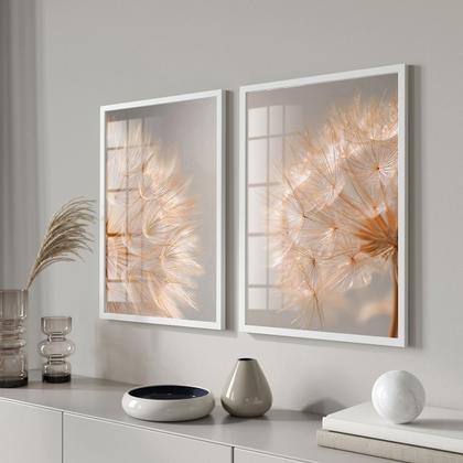 Imagem de Conjunto 2 Quadros Decorativos com Moldura e Acrilico Cristal Vidro Dente de Leao Luxo  Kit para Sala, Escritorio, Hall Cozinha