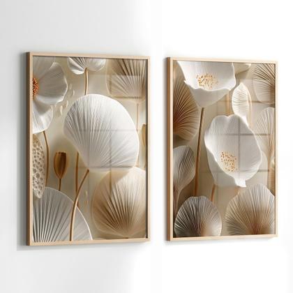 Imagem de Conjunto 2 Quadros Decorativos com Moldura e Acrilico Cristal Vidro Floral Branco  Kit para Sala, Escritorio, Hall Cozinha