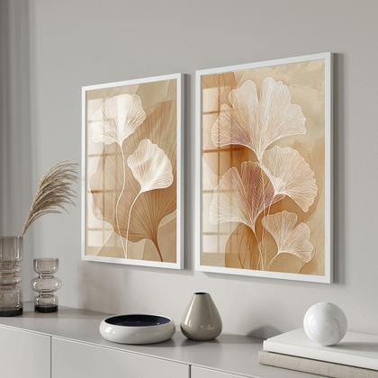 Imagem de Conjunto 2 Quadros Decorativos com Moldura e Acrilico Cristal Vidro Ginkgo Dourado  Kit para Sala, Escritorio, Hall Cozinha