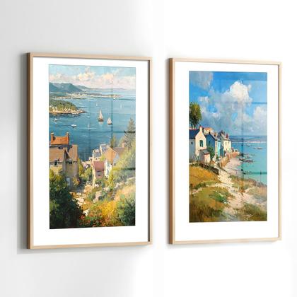 Imagem de Conjunto 2 Quadros Decorativos com Moldura e Acrilico Cristal Vidro Paisagem Arte  Kit para Sala, Escritorio, Hall Cozinha