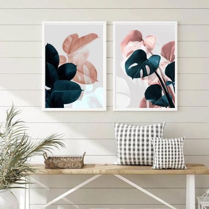 Imagem de Conjunto 2 Quadros Modernos Folhas PetróleoRosê 33x24cm - com vidro