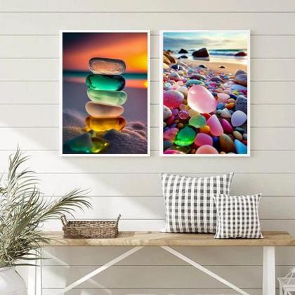 Imagem de Conjunto 2 Quadros Praia Pedras Coloridas 33X24Cm - Vidro