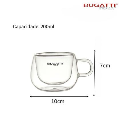 Imagem de Conjunto 2 Xícaras Chá Café Parede Dupla com Alça 200ml Vidro Borossilicato Quente Frio Térmico Resistente Jogo Italiano Bebida Cozinha Bugatti