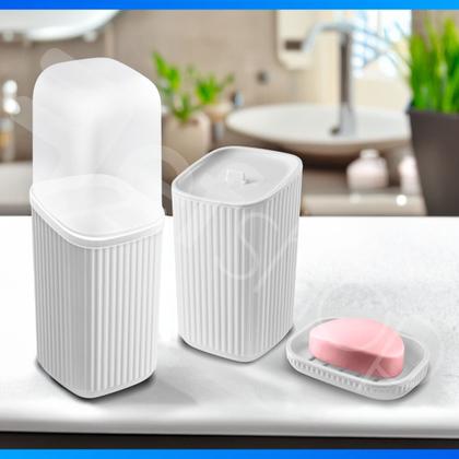 Imagem de Conjunto 3 Acessórios De Banheiro Kit Completo Porta Escova De Dente Saboneteira Porta Algodão