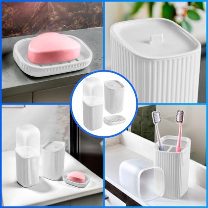 Imagem de Conjunto 3 Acessórios De Banheiro Kit Completo Porta Escova De Dente Saboneteira Porta Algodão