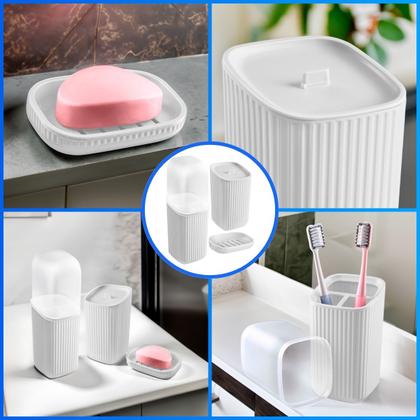 Imagem de Conjunto 3 Acessórios De Banheiro Kit Completo Porta Escova De Dente Saboneteira Porta Algodão