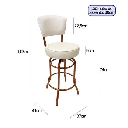 Imagem de Conjunto 3 Banquetas Alta Bar Giratória com Encosto cor Cobre Assento cor off white grosso Confortável