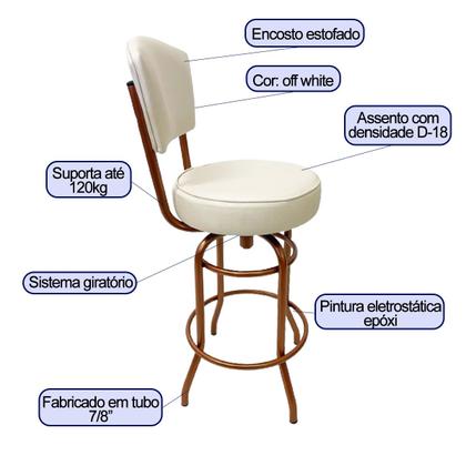 Imagem de Conjunto 3 Banquetas Alta Bar Giratória com Encosto cor Cobre Assento cor off white grosso Confortável