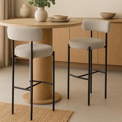 Imagem de Conjunto 3 Banquetas Altas Camelia Estofada Linho Cinza com Encosto para Cozinha Sala Balcão e Área Gourmet