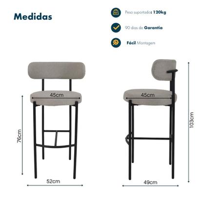 Imagem de Conjunto 3 Banquetas Altas Camelia Estofada Linho Cinza com Encosto para Cozinha Sala Balcão e Área Gourmet