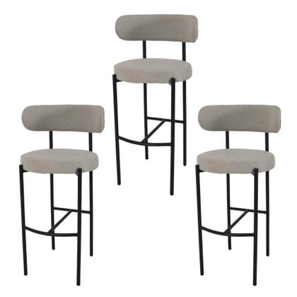 Imagem de Conjunto 3 Banquetas Altas Camelia Estofada Linho Cinza com Encosto para Cozinha Sala Balcão e Área Gourmet