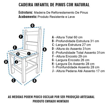 Imagem de Conjunto 3 Cadeiras Infantis Madeira Maciça Natural Pinus Resistente Criança Refeição Desenho Quarto Casa