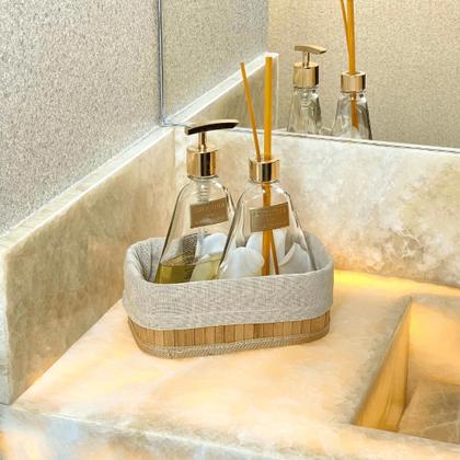 Imagem de Conjunto 3 Cestos Retangulares de Bambu com Forro de Tecido