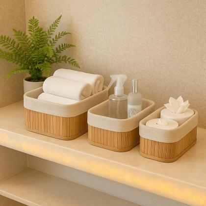 Imagem de Conjunto 3 Cestos Retangulares de Bambu com Forro de Tecido