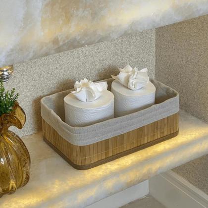 Imagem de Conjunto 3 Cestos Retangulares de Bambu com Forro de Tecido