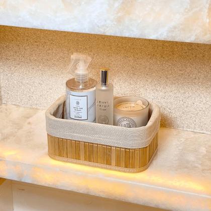 Imagem de Conjunto 3 Cestos Retangulares de Bambu com Forro de Tecido