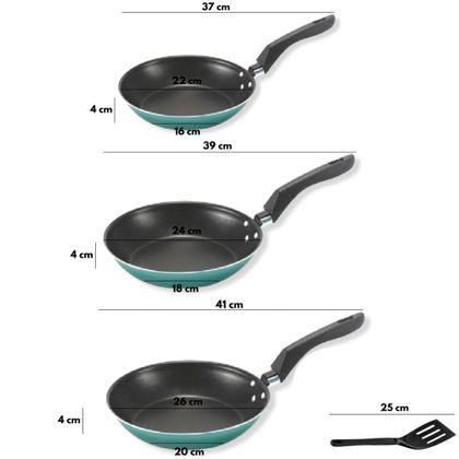 Imagem de Conjunto 3 Frigideiras Francesa Grande Com Espátula Verde Esmeralda Linha Premium J4TECH Alumínio Antiaderente Teflon Ultra Resistente 