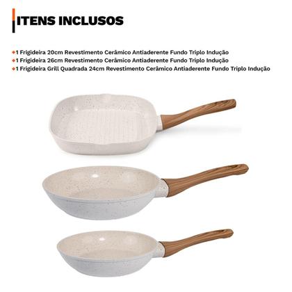 Imagem de Conjunto 3 Frigideiras Revestimento Cerâmico Antiaderente Fundo Triplo Indução